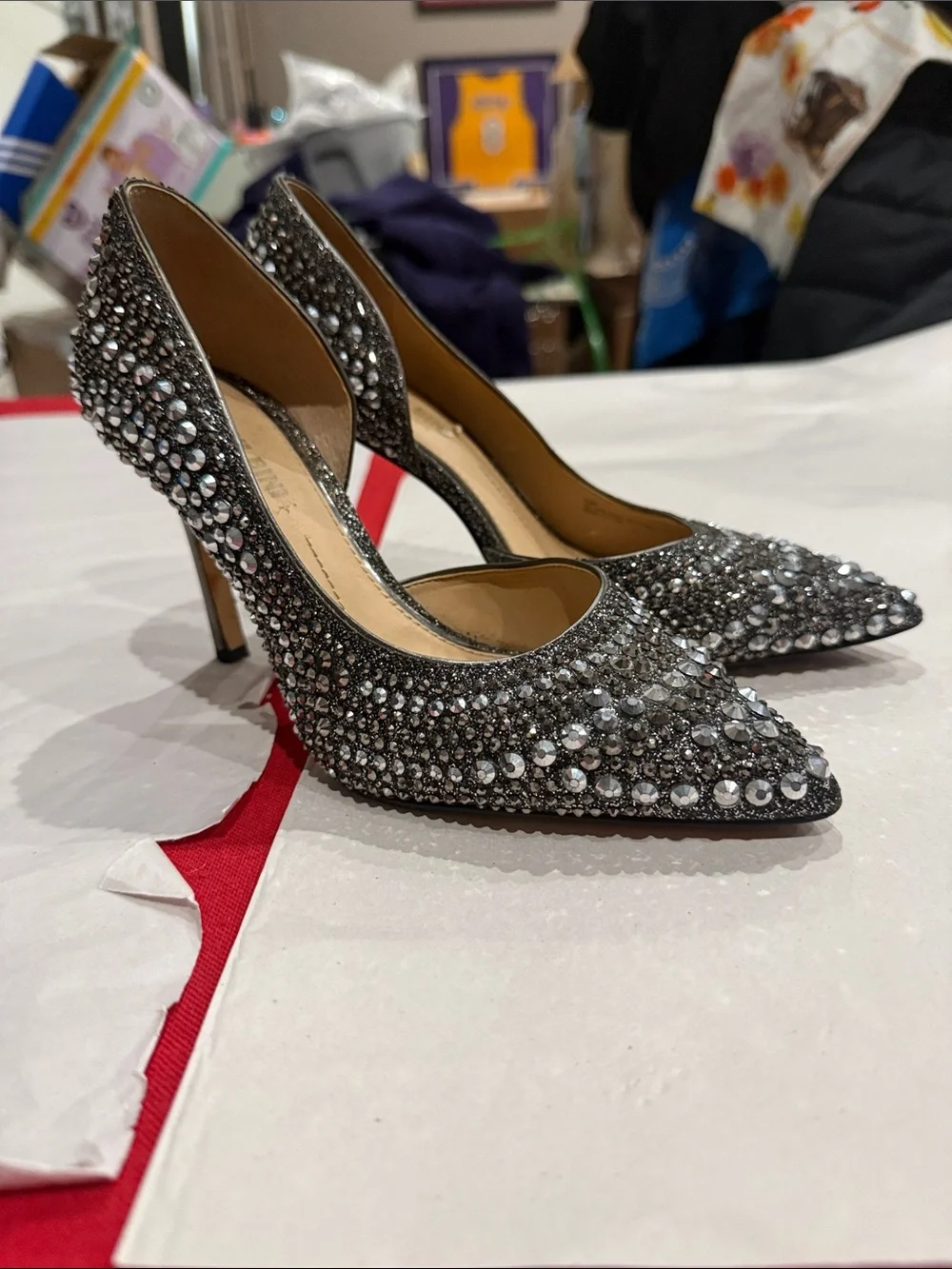 Embellished Pointed-Toe High Heels in Silver